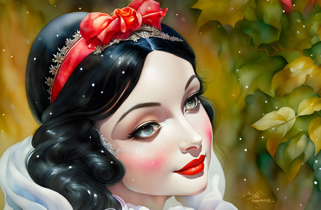 Snow White illustration: red bow, porcelain skin, rosy cheeks, dark hair, sparkling details,