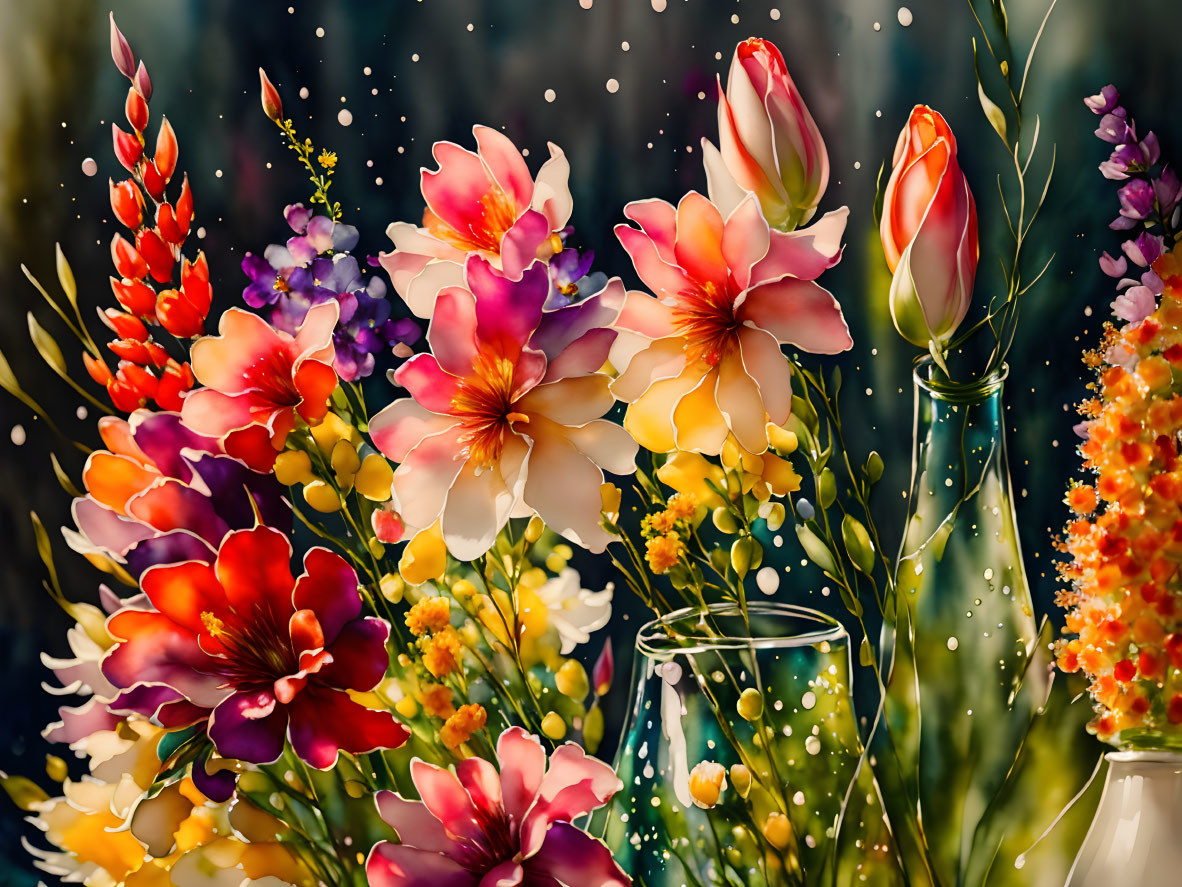 Colorful Digital Flower Bouquet with Illuminated Particles in Warm Tones