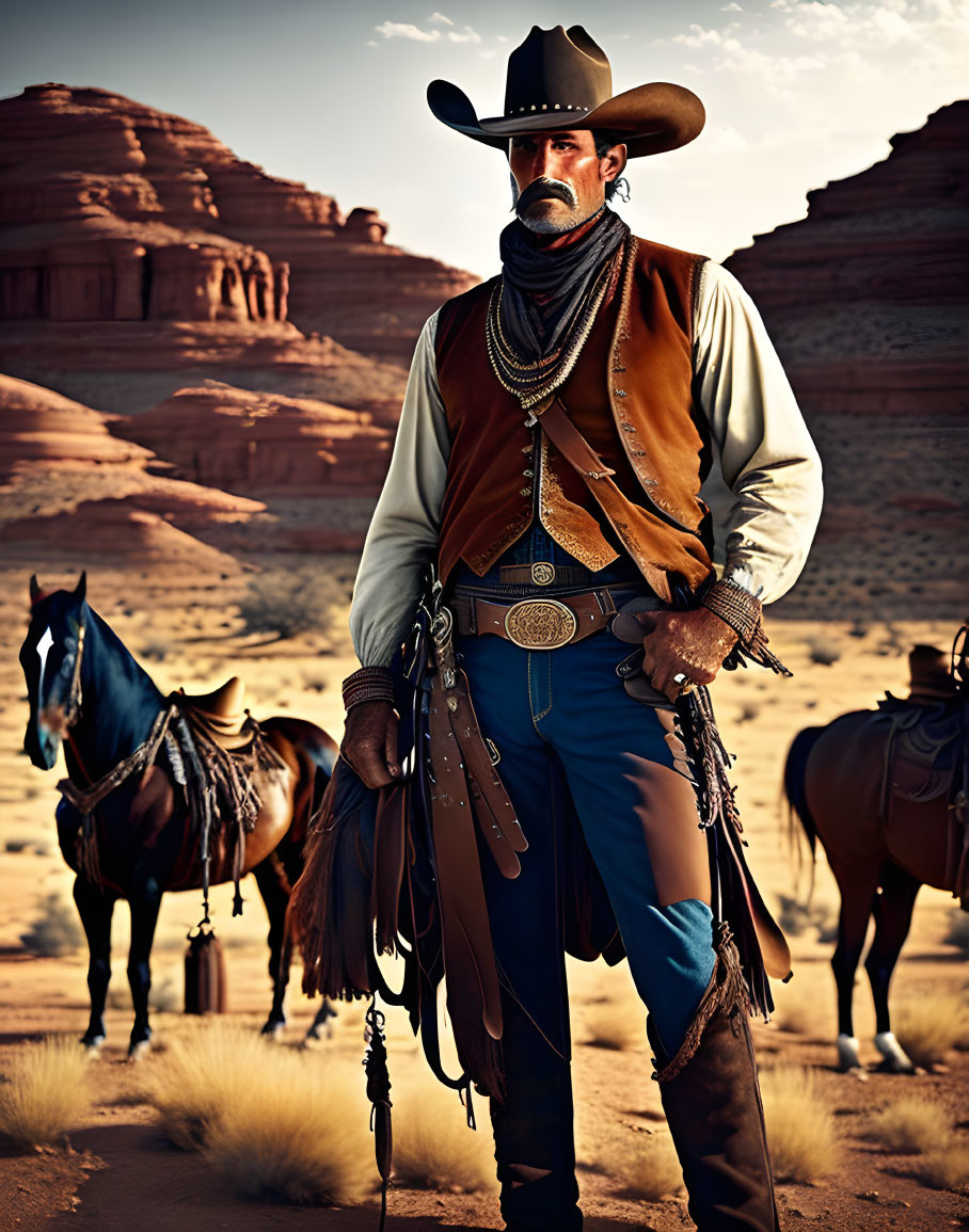 Cowboy with horses in desert wearing hat, bandana, vest, chaps, and lasso