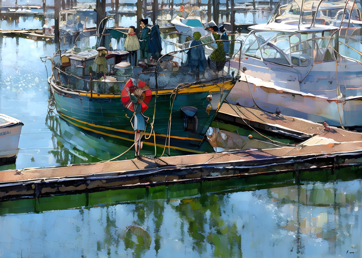 Dockside gathering with moored boats under clear sky in serene marina scene