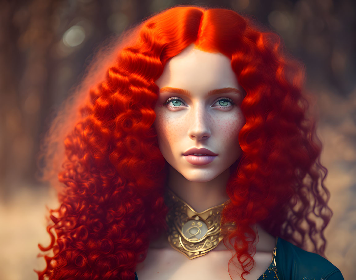 Vibrant red curly hair woman with blue eyes and freckles portrait.