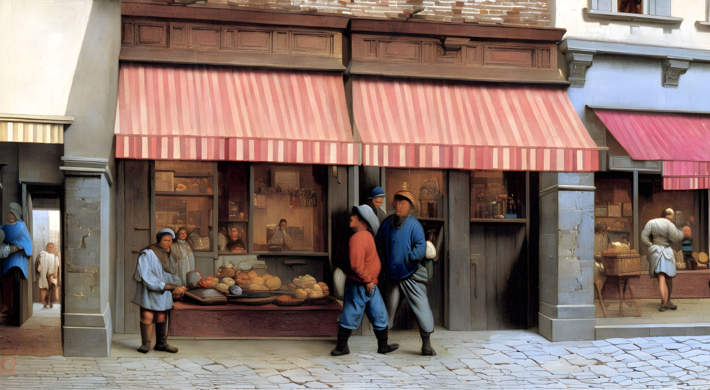 Realistic painting of bustling street scene with period attire and quaint shops.