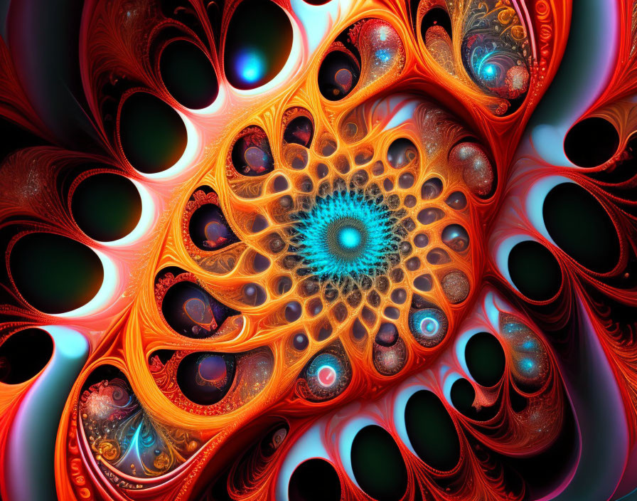 Vibrant Orange and Blue Abstract Fractal Art with Swirling Circular Pattern