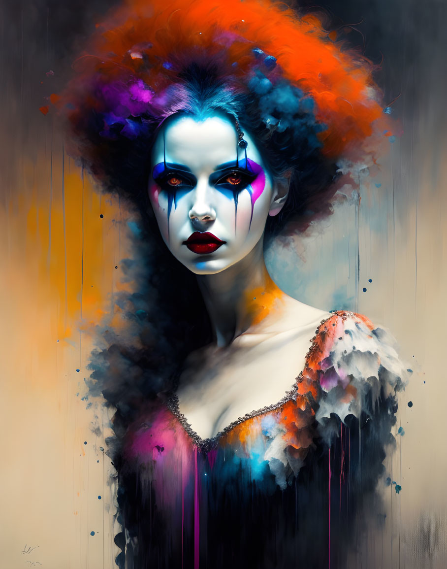 Vivid digital portrait of a woman with colorful hair, dramatic makeup, and abstract clothing.