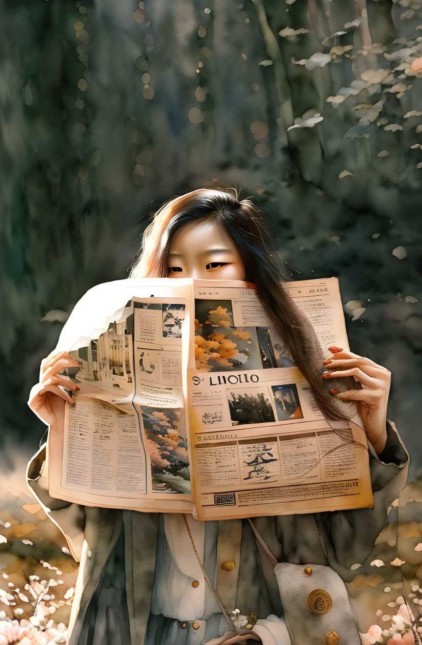 Person reading newspaper outdoors in warm, autumn sunlight.