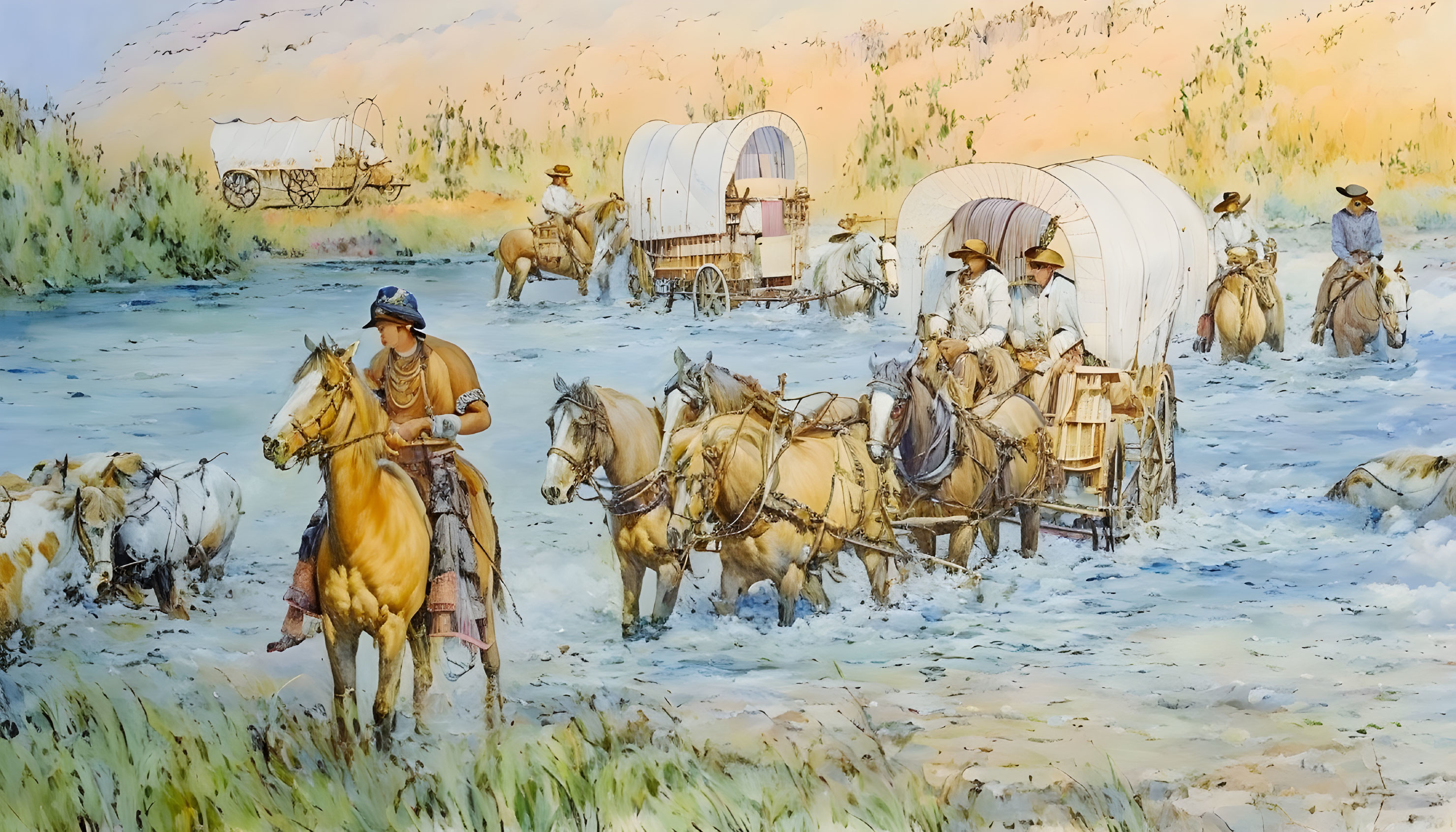 Pioneer wagon train crossing river in scenic landscape