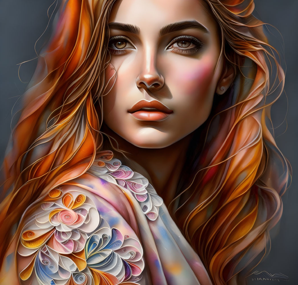 Portrait of woman with long auburn hair, green eyes, and floral tattoo