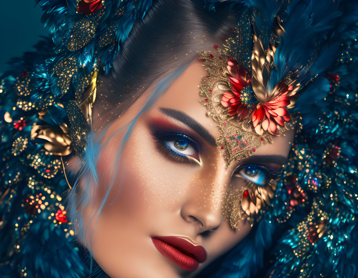 Digital Artwork: Woman with Blue Feathers, Gold Facepiece, and Red Flowers