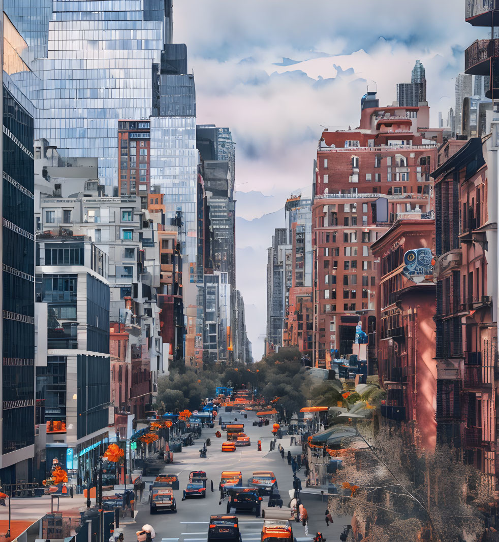 Urban landscape with modern and traditional buildings, busy street, and clear blue sky