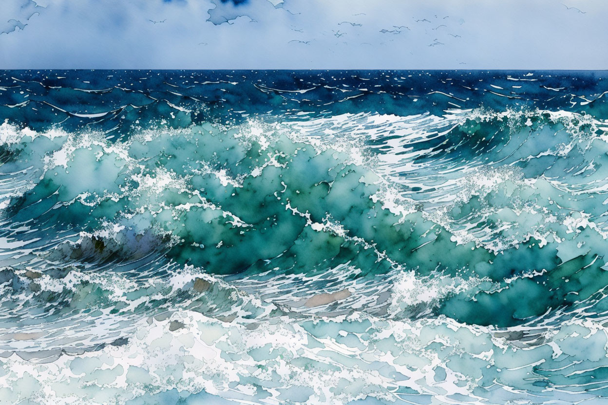 Ocean waves watercolor painting with birds under blue sky