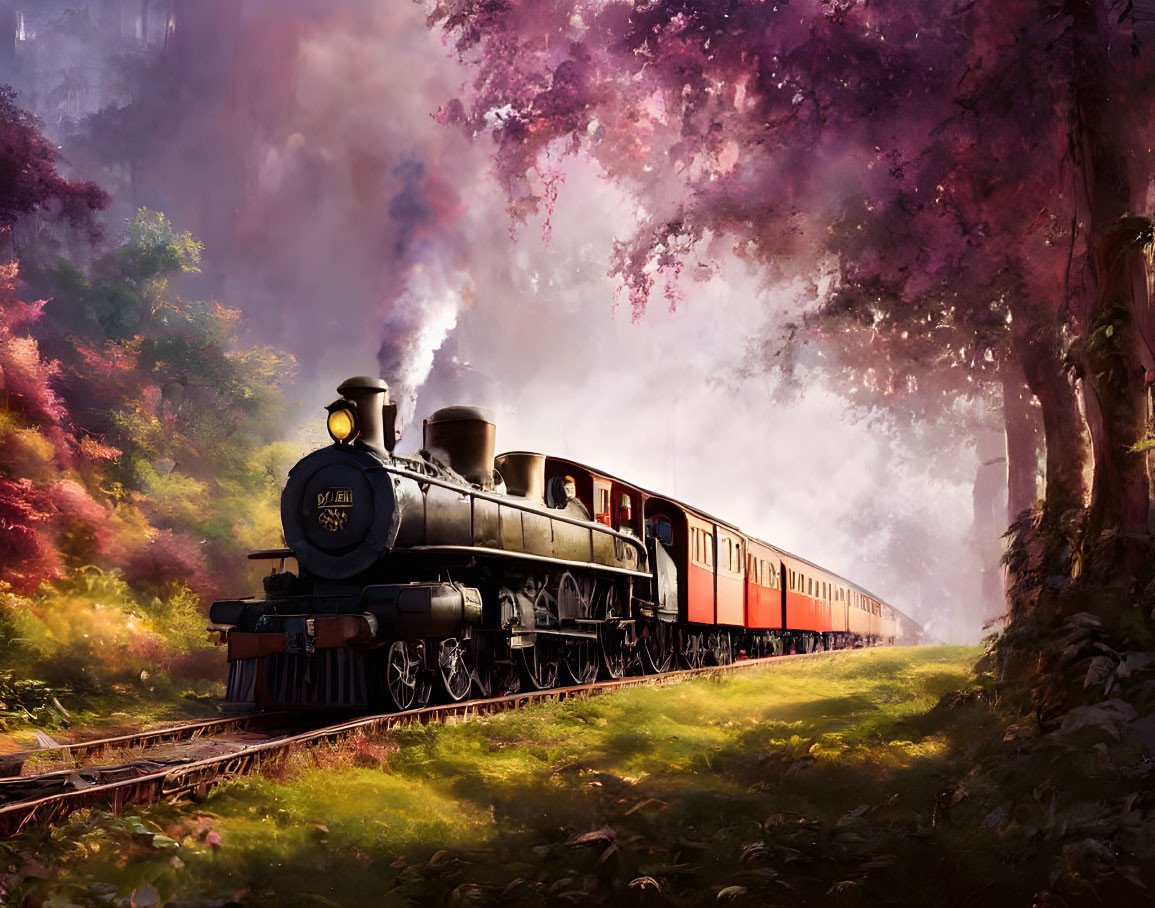 Vintage steam locomotive on tracks in colorful landscape with pink trees