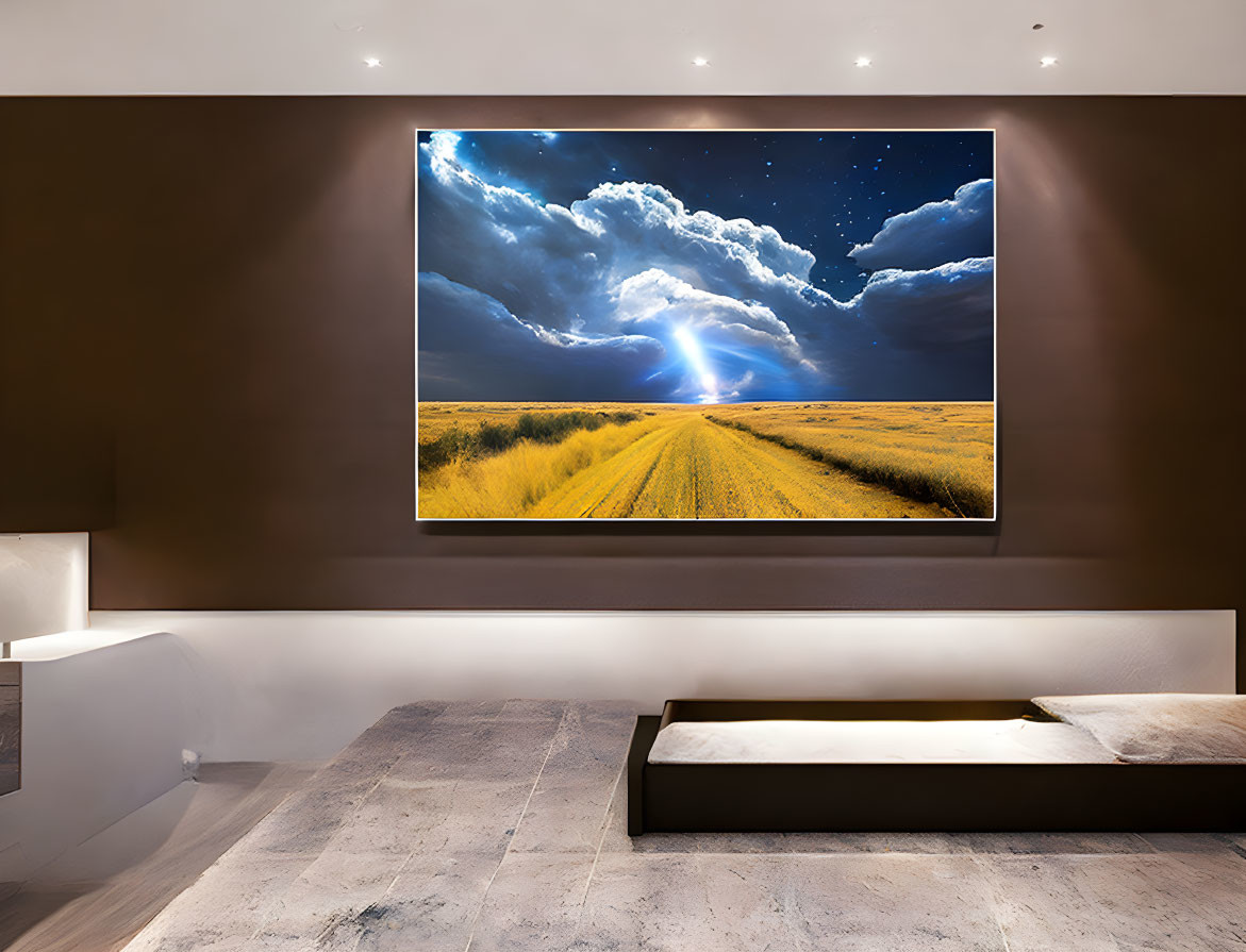 Modern Bedroom with Illuminated Night Sky Painting & Minimalist Decor