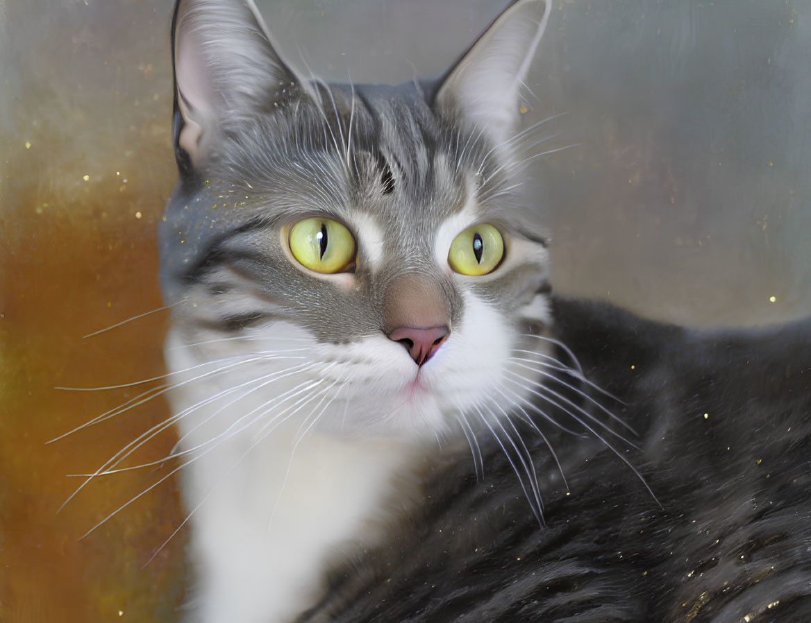 Grey and White Cat with Yellow Eyes and Whiskers on Golden Speckled Background