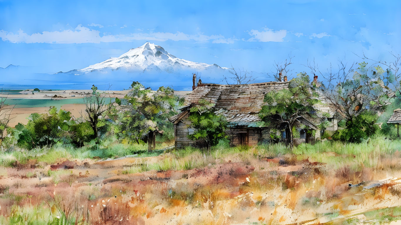 Watercolor painting of dilapidated house in nature with mountain backdrop