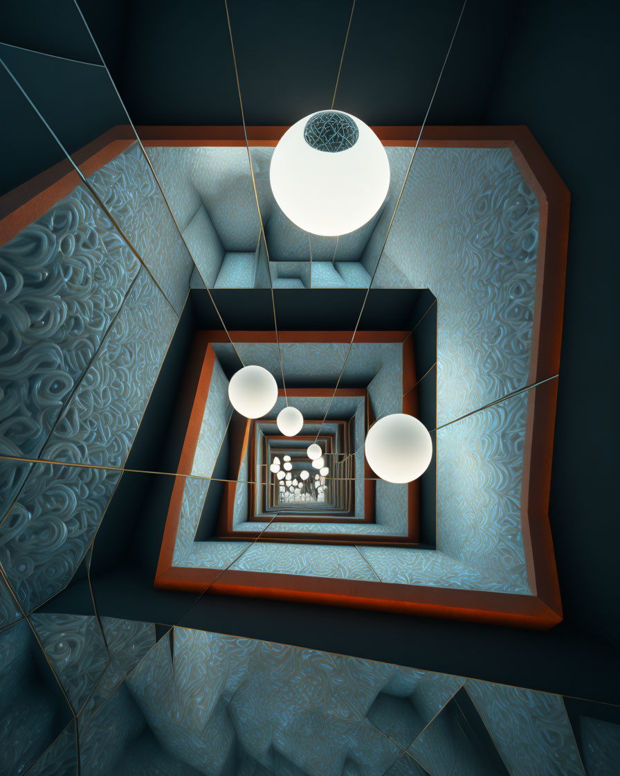 Surreal 3D-rendered image: Infinite spiral staircase with orbs and intricate patterns