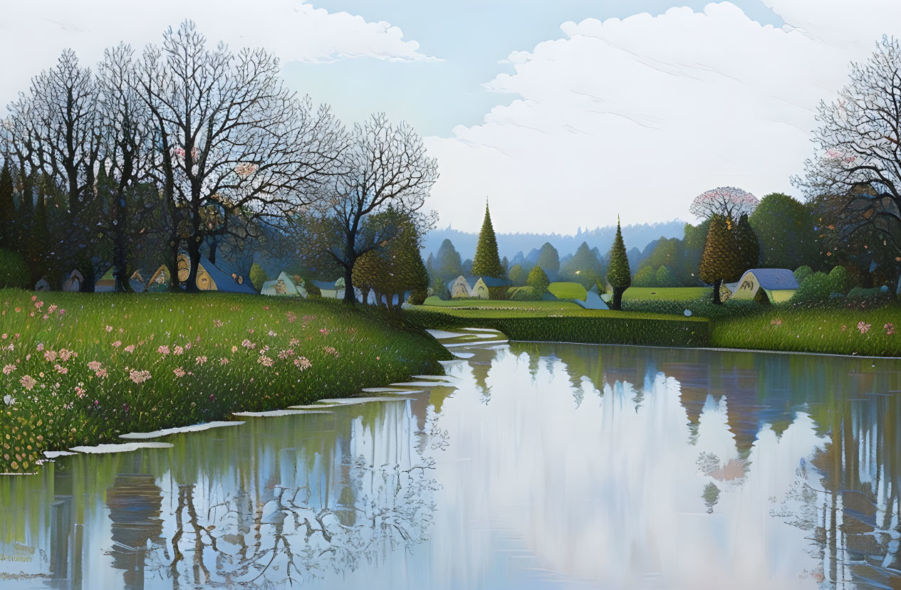 Tranquil landscape with river, blossoming trees, meadows, and tents on green hills