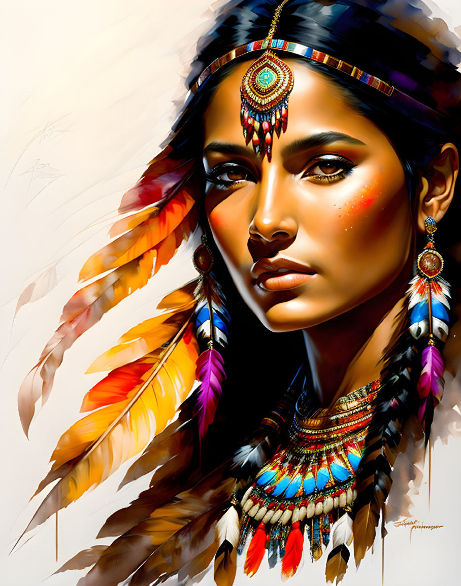 Colorful digital portrait of a serene woman with feathered headdress