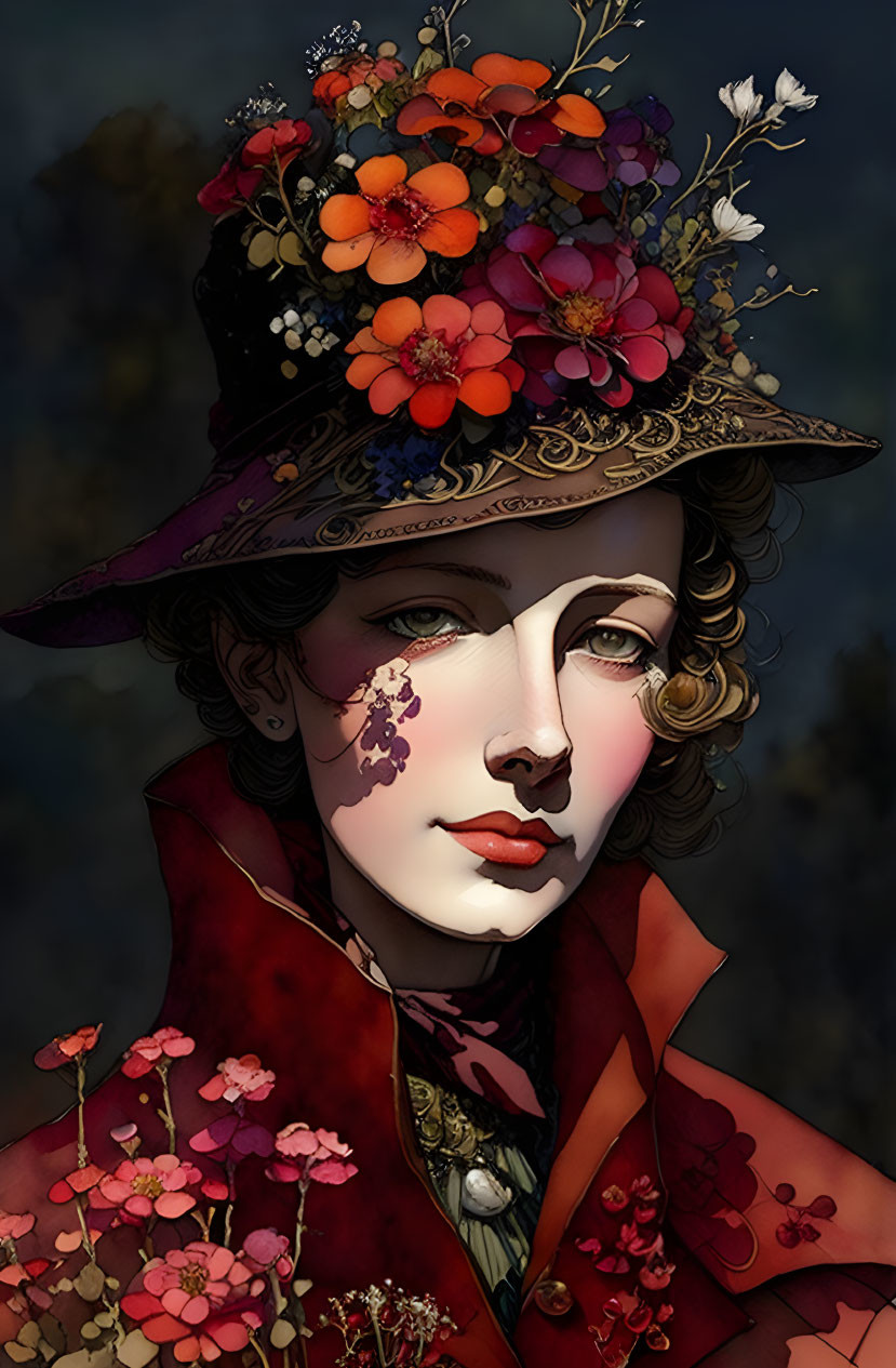 Illustrated Woman with Floral Hat and Red Cloak on Dark Background