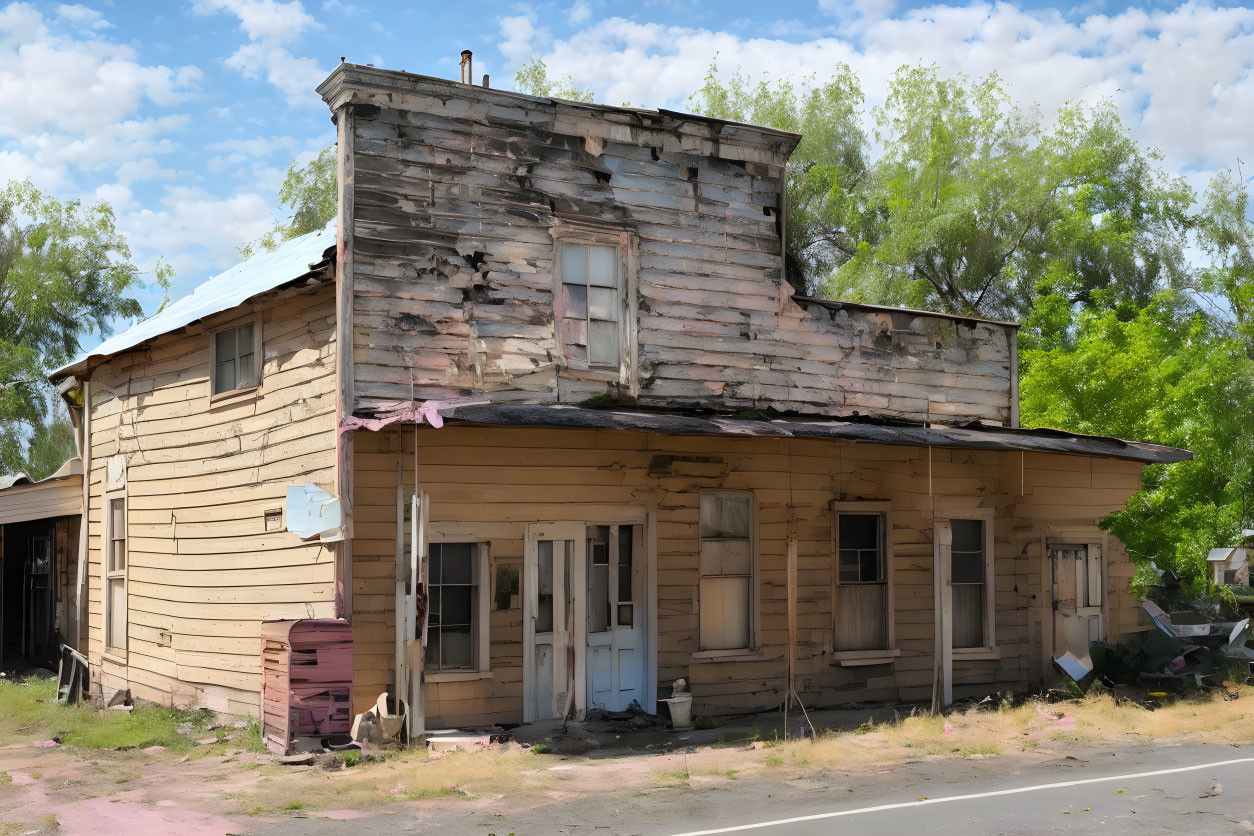 Abandoned two-story wooden building with boarded-up windows and overgrown vegetation.