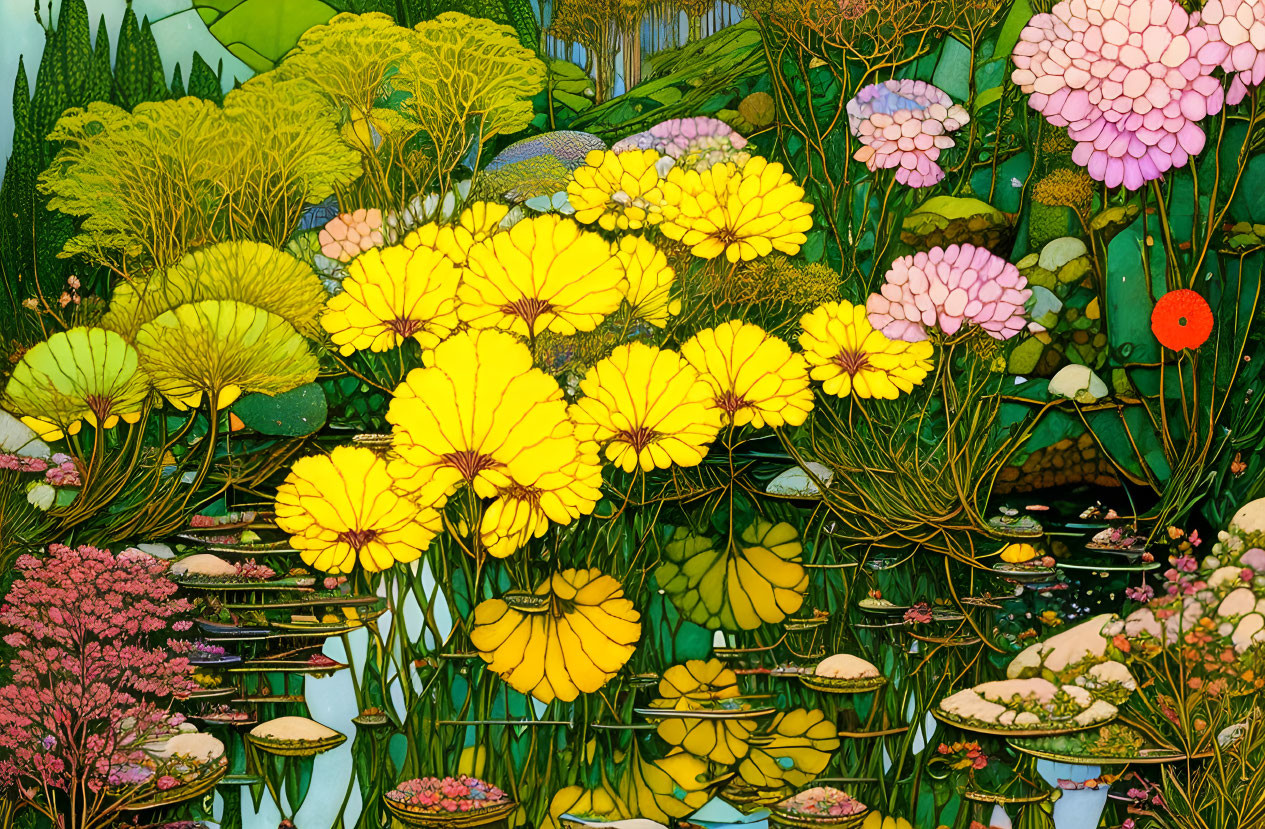 Colorful Flowers and Foliage Reflecting on Water