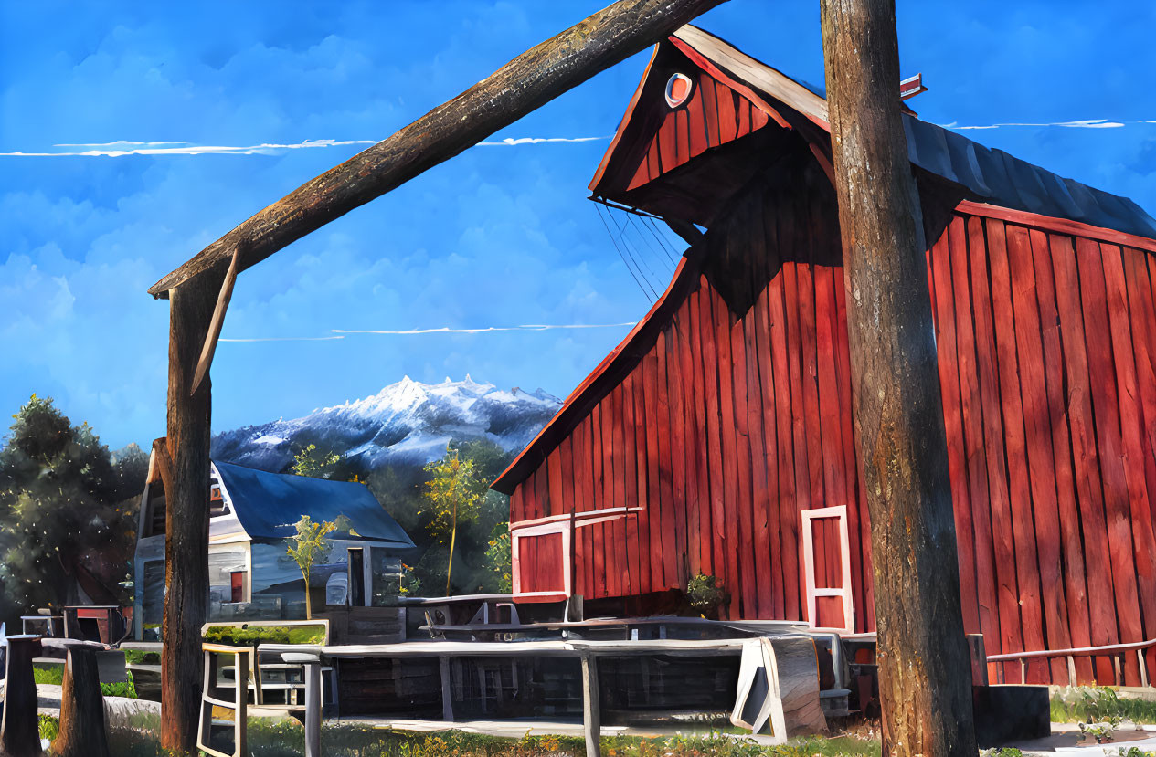 Rural scene with red barn, snowy mountain, house, well structure