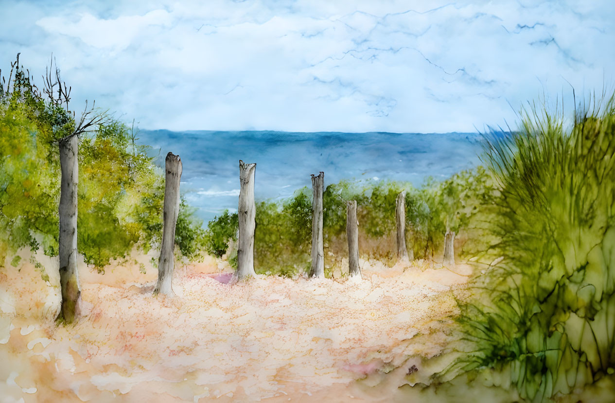 Sandy Beach Watercolor Painting with Weathered Posts and Greenery