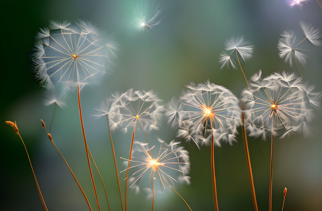 Dandelion Seed Heads Floating on Green Background