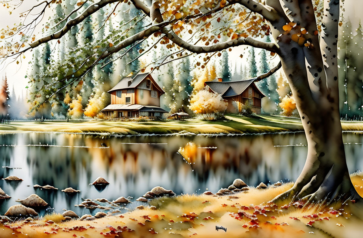 Rustic cabins by a lake in autumn setting