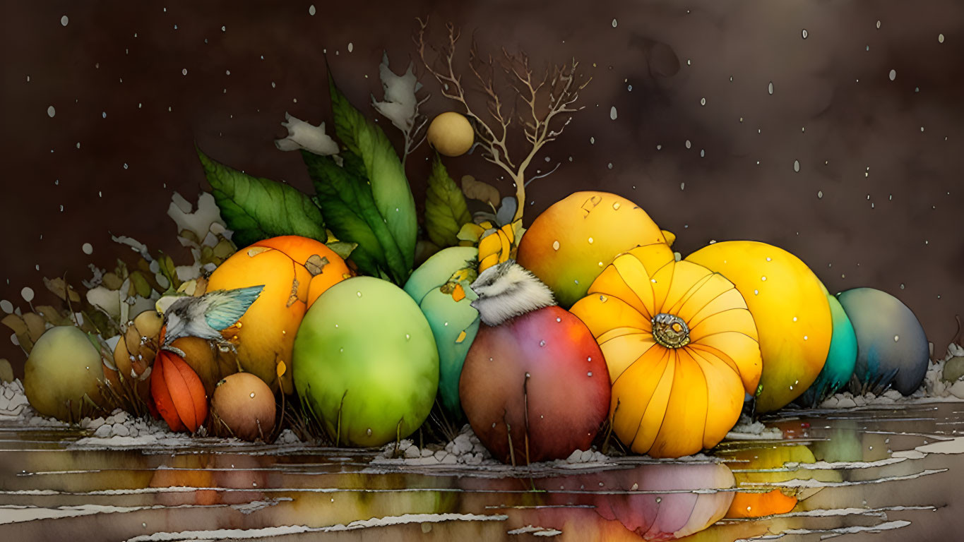 Colorful Pumpkins and Autumn Leaves with Snow-Dusted Reflections