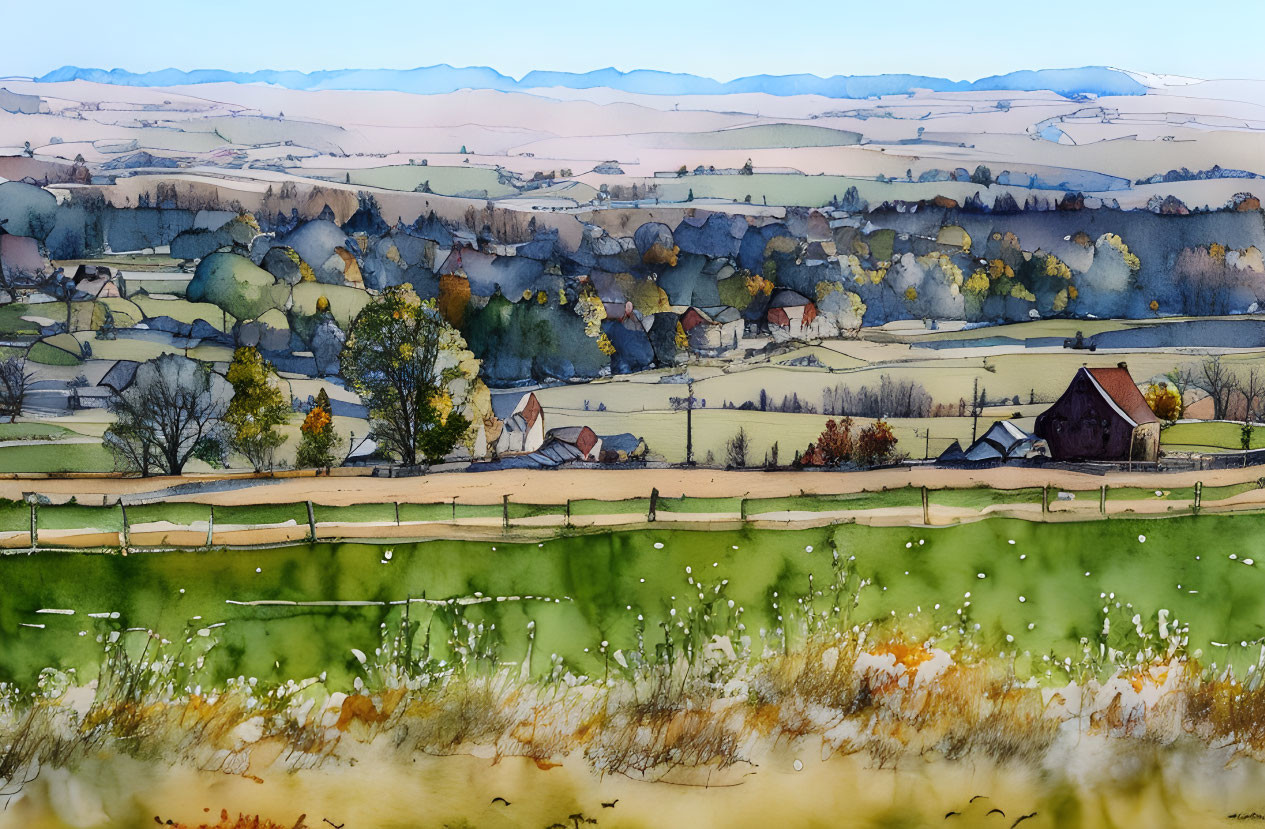 Detailed Watercolor Painting of Quaint Village and Rolling Hills