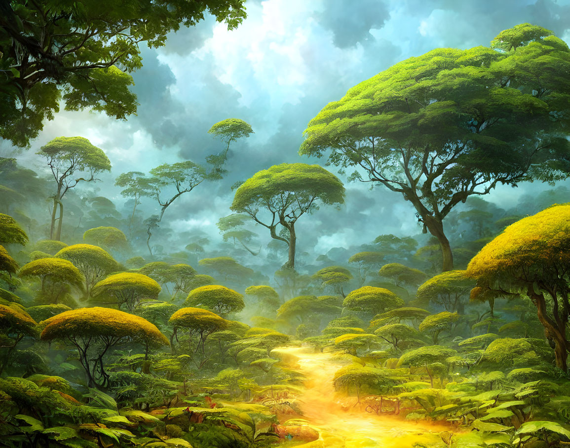 Sunlit Mystical Forest with Vibrant Green Trees