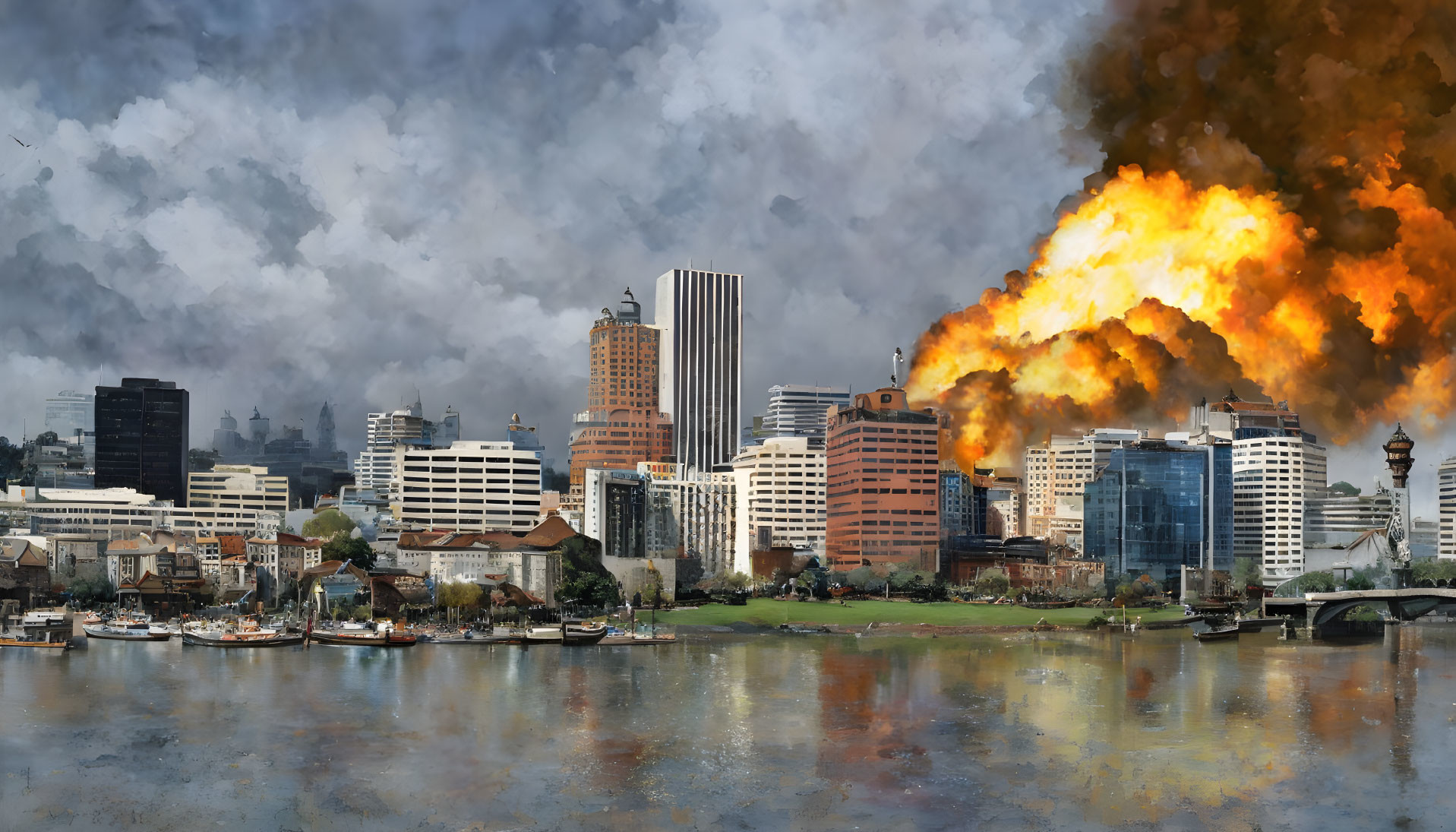 City skyline with explosion and fire reflected in water