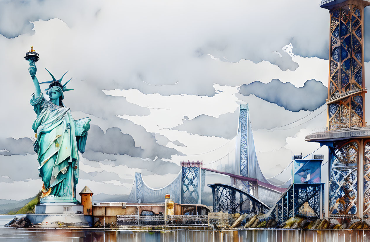 Surreal artwork with Statue of Liberty, Eiffel Tower, and Brooklyn Bridge in waterside