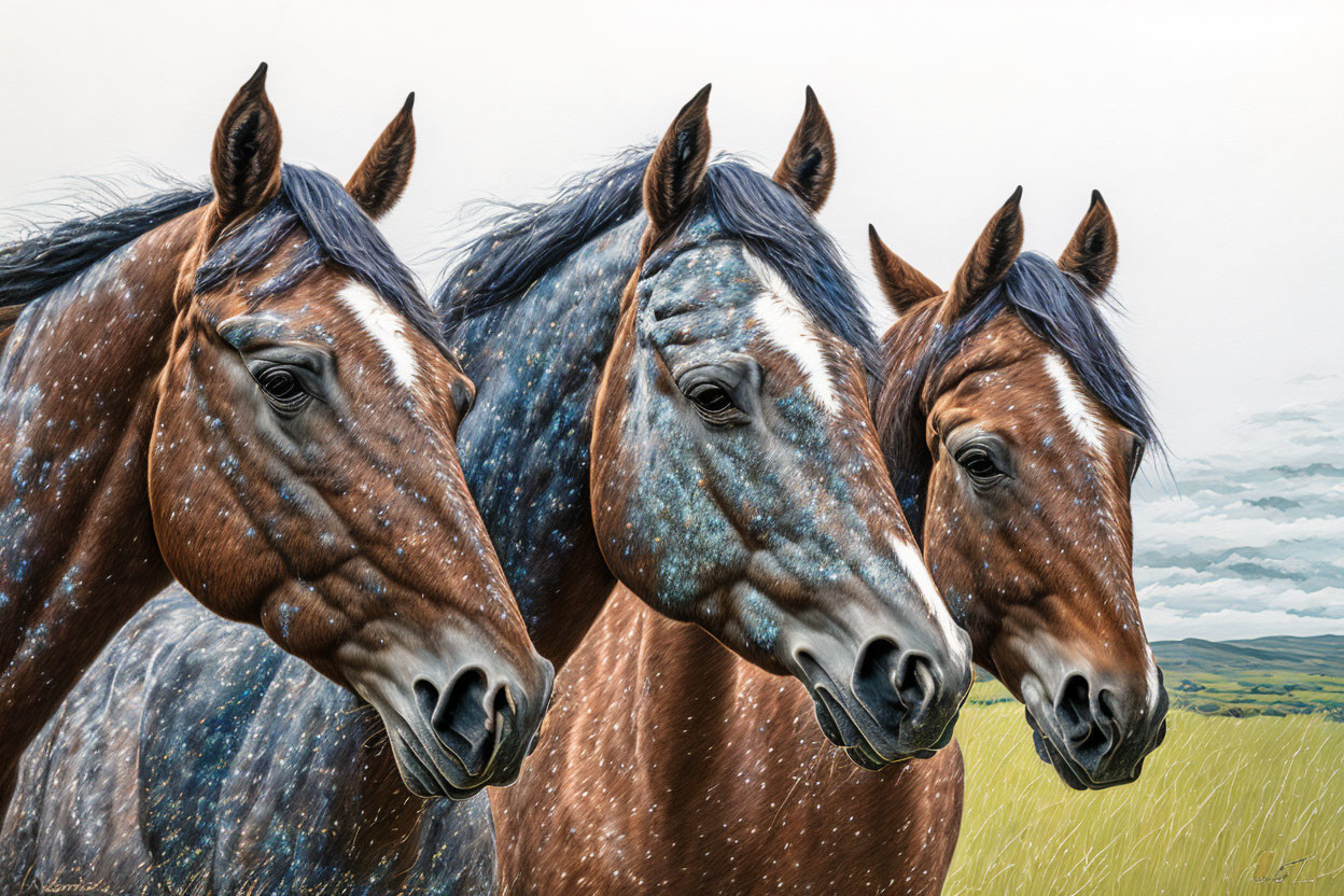 Three Brown Horses with Black Manes and Speckled Coats in Grassy Field Under Cloud