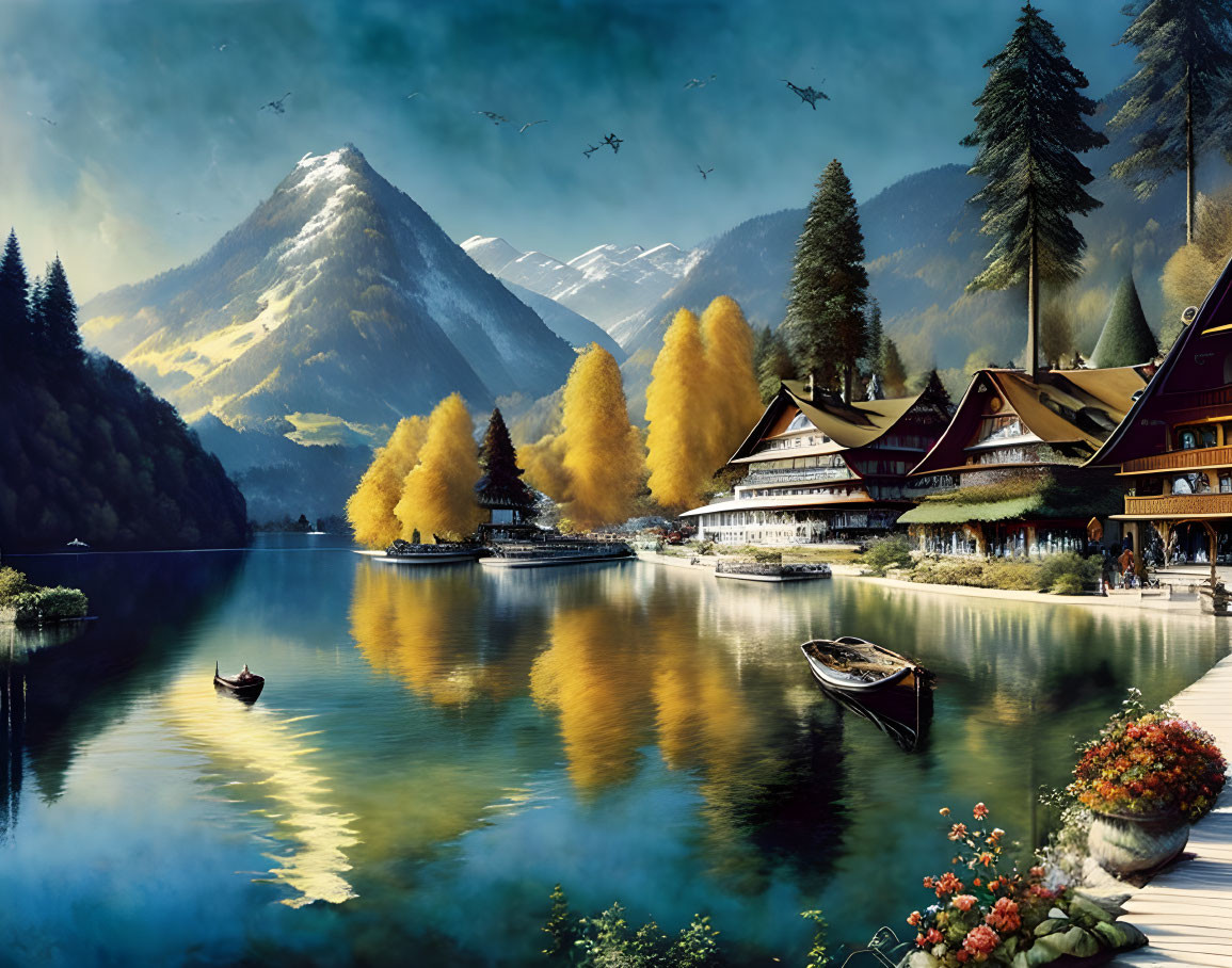 Tranquil lake scene with autumn trees, traditional house, snow-capped mountains, and flying birds