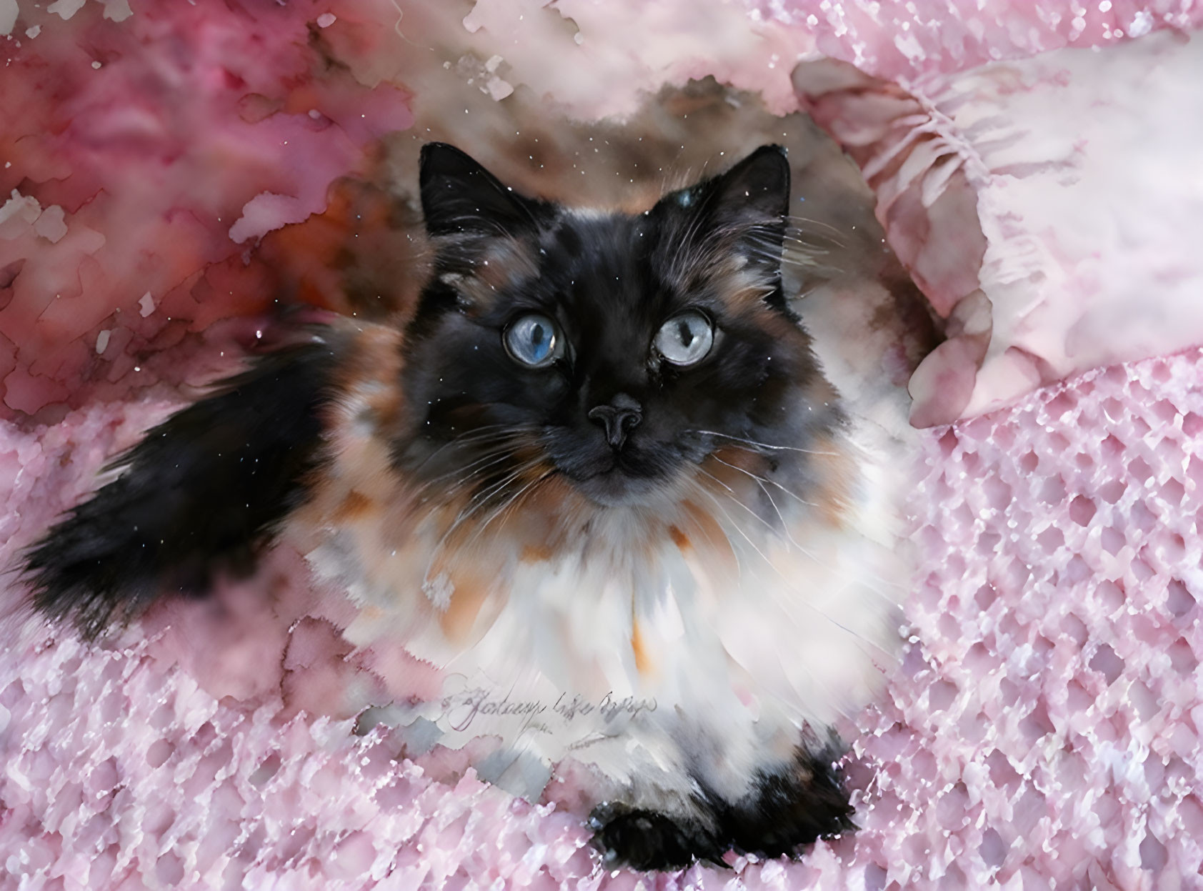 Bicolor Cat with Blue Eyes on Pink Bed with Soft Textures