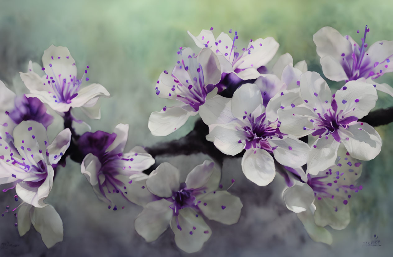 Pale Purple Cherry Blossoms with Dark Centers on Branch