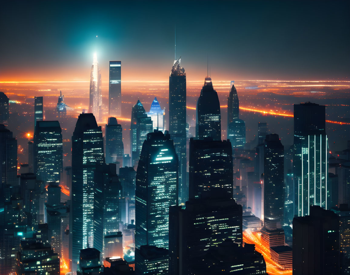 Nighttime futuristic cityscape with illuminated skyscrapers and traffic streaks