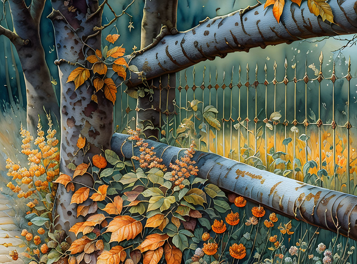 Detailed digital artwork of orange leaves and berries on metal fence with surreal aspen trees