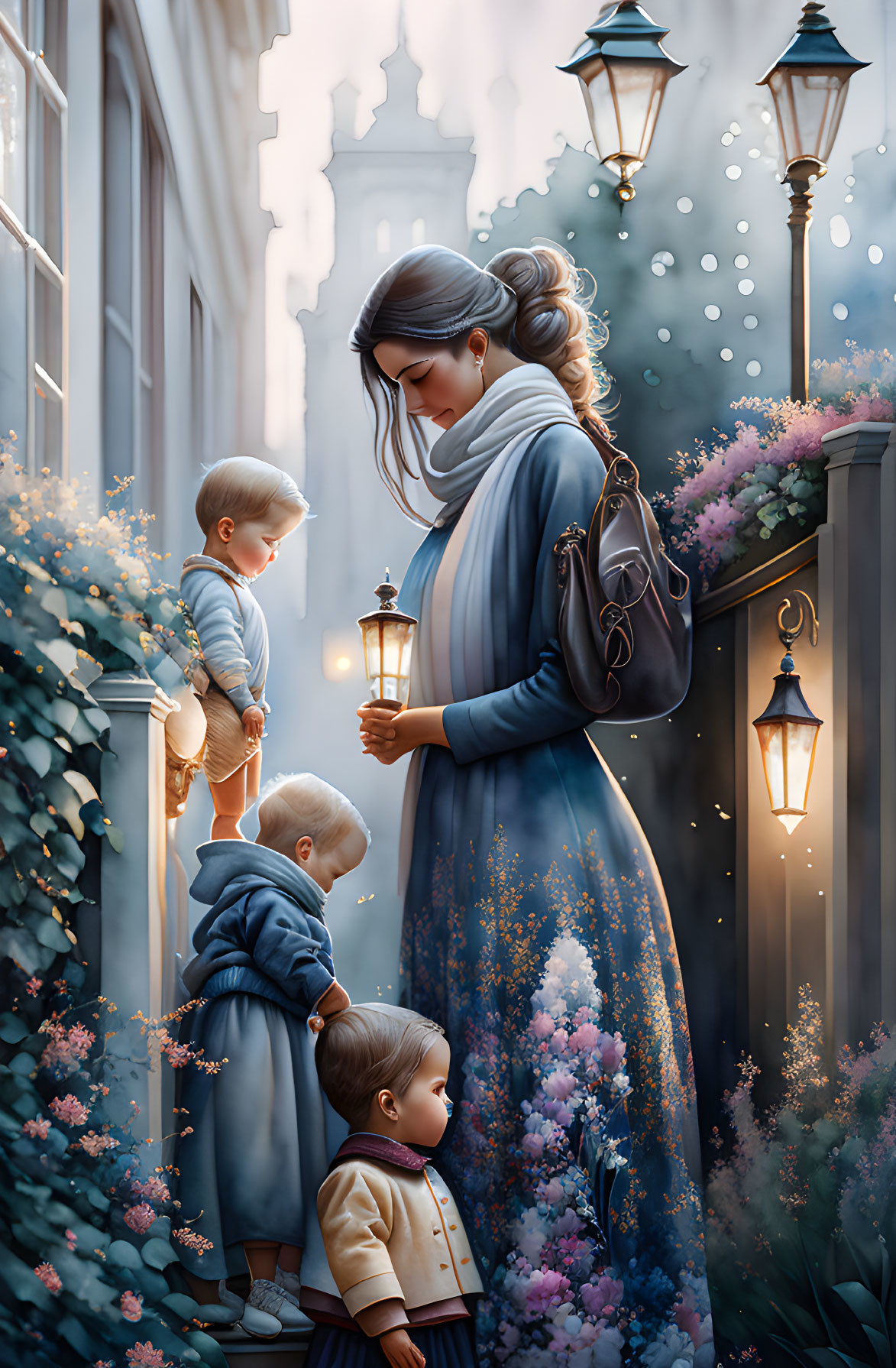 Woman in Blue Dress with Lantern and Children Amidst Elegant Buildings and Flowers