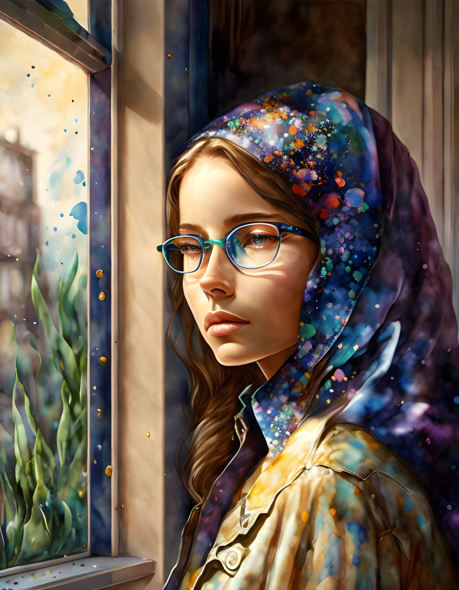 Young woman in glasses wearing starry hooded garment beside rainy window