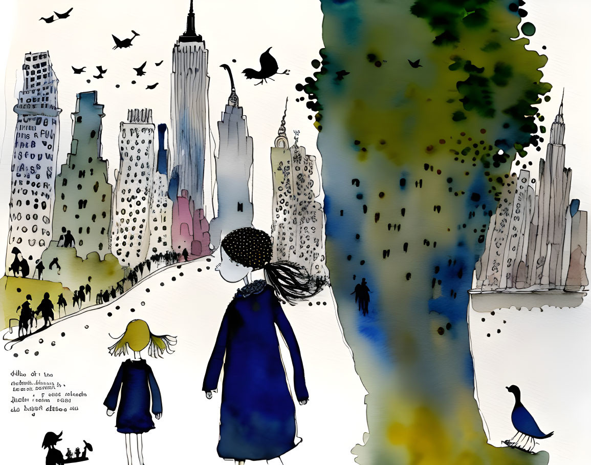 Watercolor and ink artwork of woman and child walking towards stylized cityscape