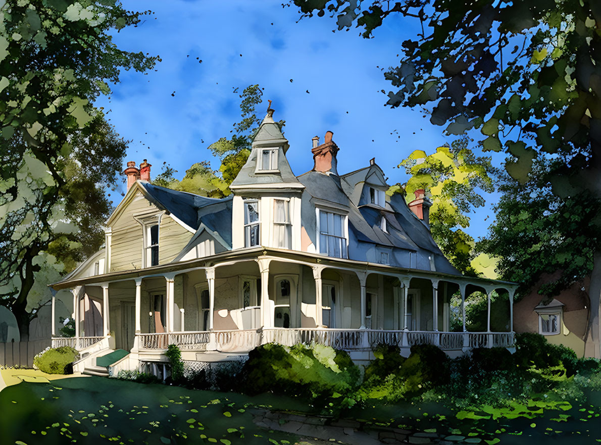 Victorian-style house with wraparound porch, gabled roofs, and dormer windows in lush green