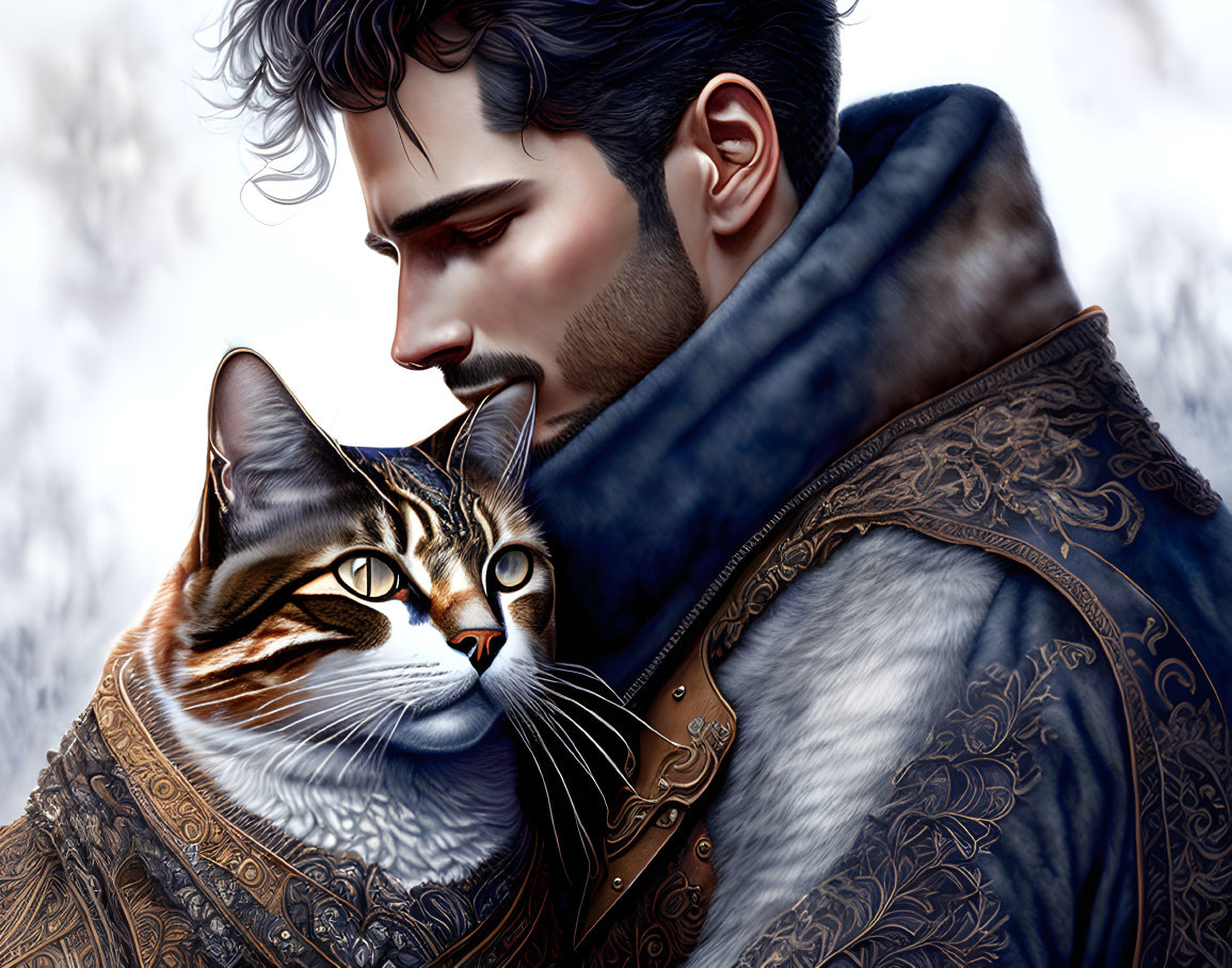 Man with stubble embracing tabby cat in winter scene