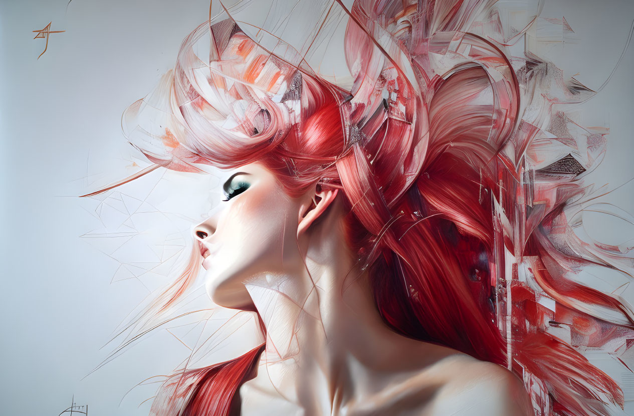 Vibrant digital artwork: woman with red paint stroke hairdo.