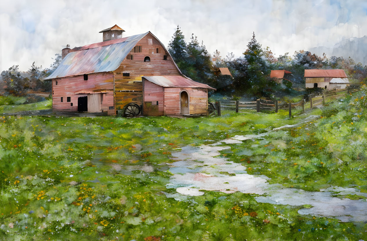 Weathered pink wooden barn with corrugated roof in lush meadow.