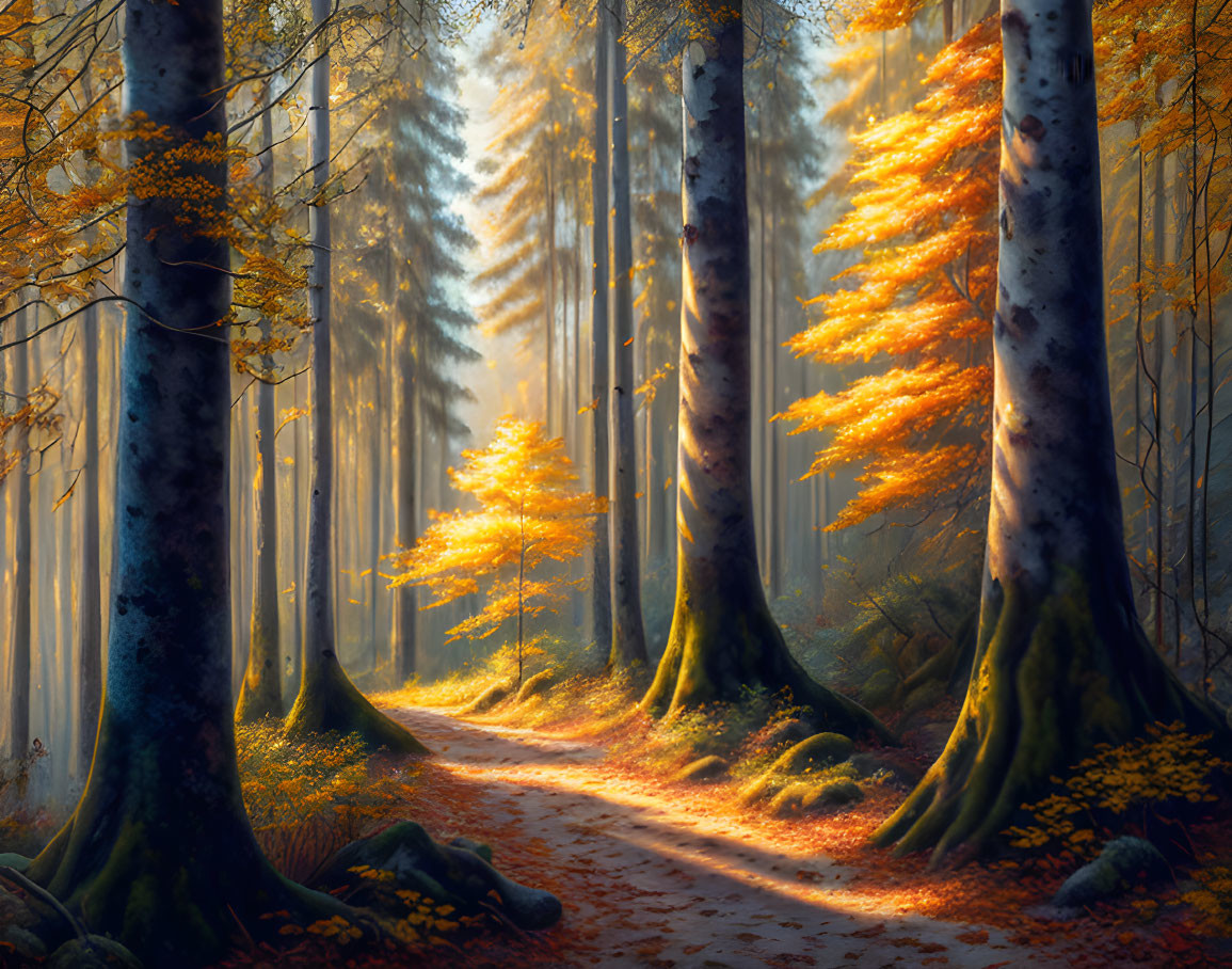 Autumn forest scene with sunlight filtering through golden leaves