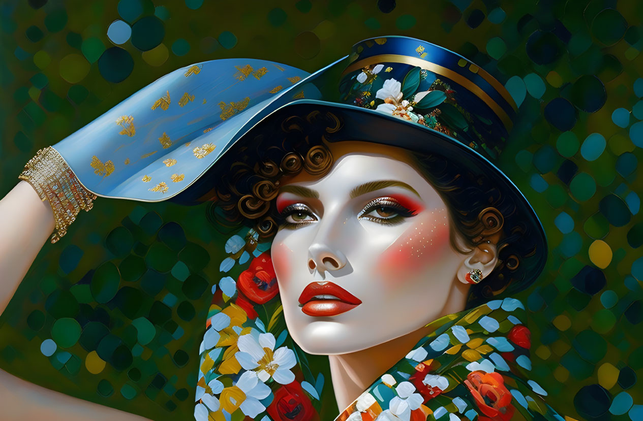 Stylized portrait of woman in floral hat and patterned outfit