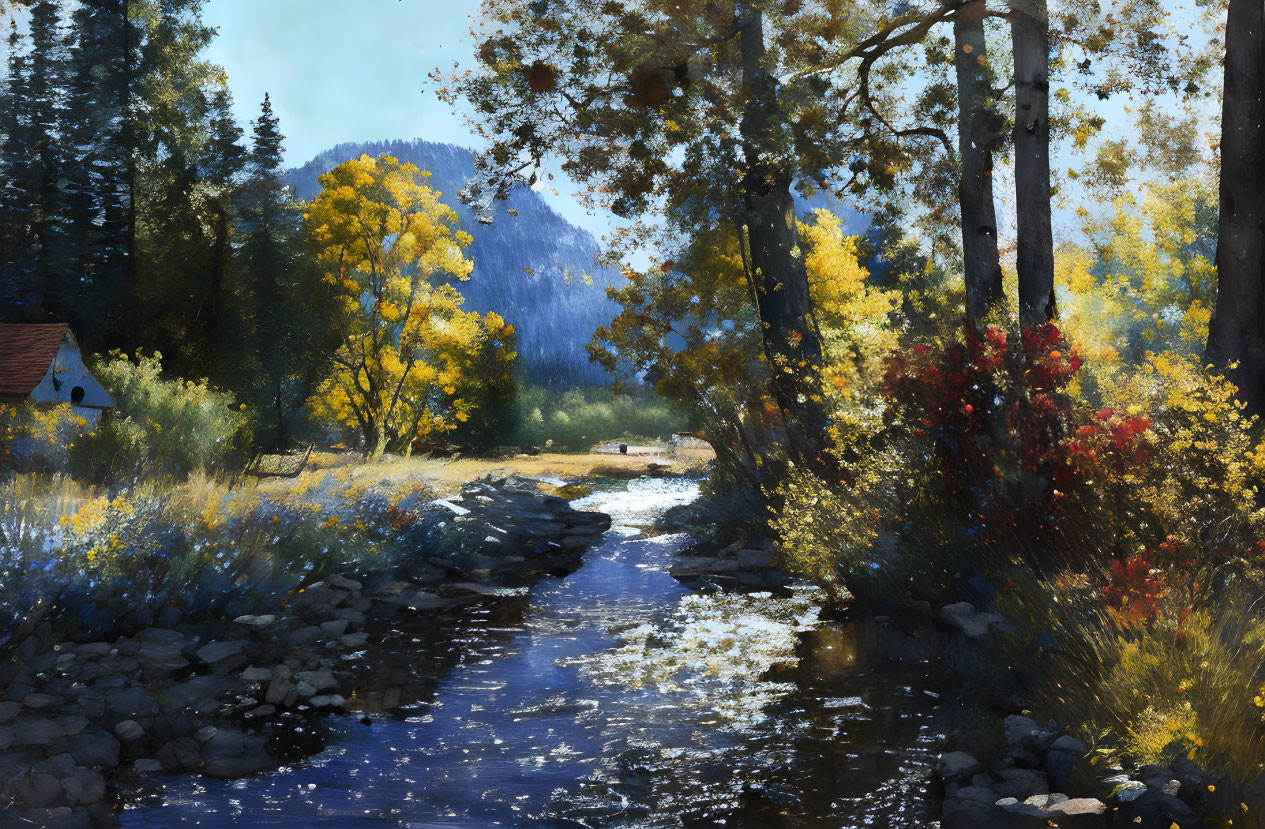 Tranquil autumn creek scene with colorful trees and mountain view