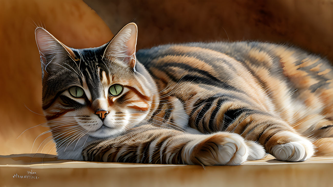 Tabby Cat with Green Eyes Lounging in Soft Light